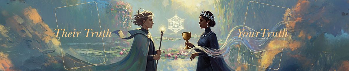 Illustrated versions of the Queen of Wands and Queen of Cups look at one another.
