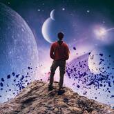 man hiking in space