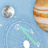Planetary glyphs: Moon aspecting Jupiter and Venus Symbols in front of a Horoscope chart in space.