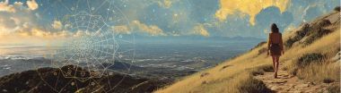 A woman walks along a mountain trail, looking out at the scenery with Astrology imagery.