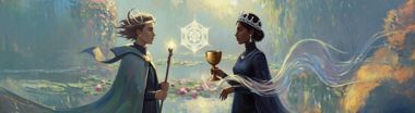 Illustrated versions of the Queen of Wands and Queen of Cups look at one another.