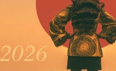 A woman stands silhouetted against an enormous red sun, representing Leo in 2026.