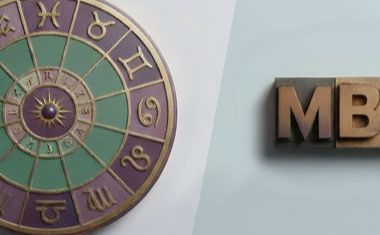 A basic zodiac wheel sits beside woodblock letters spelling "MBTI."