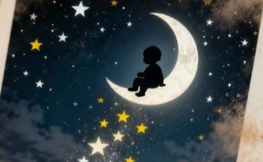 An alarm clock is pictured with a page from a storybook, showing stars and a crescent moon.