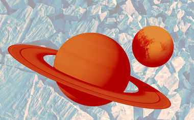 Orange images of Saturn and Pluto hover against a gray abstract background.