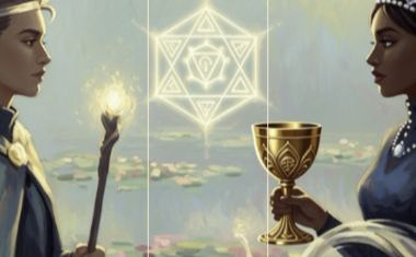 Illustrated versions of the Queen of Wands and Queen of Cups look at one another.