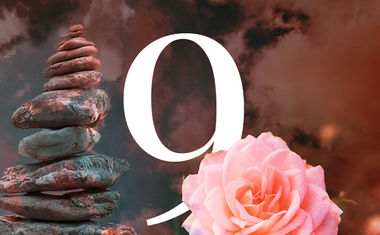 Life Path number 9 in numerology is represented by a collage of a pink flower and balancing rocks.