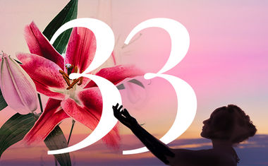 Life Path number 33 in numerology is represented by a collage of a woman with pink flowers.