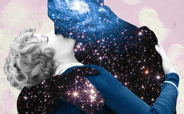 A couple from an old black-and-white photograph kisses, the man's body replaced by a field of stars.