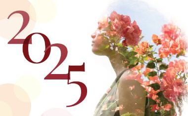 A woman is silhouetted, surrounded by pink flowers, representing the numerology of 2025.