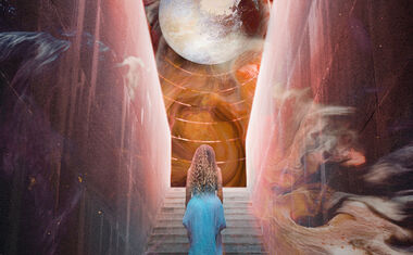 A woman in a blue dress stands on a staircase and looks up at the planet Pluto.