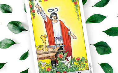 The Magician card, one of the 22 Major Arcana cards in tarot, is surrounded by small green leaves.