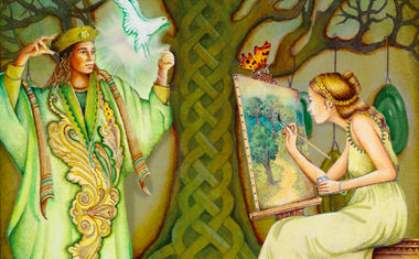 A woman paints a man in a green forest, with a large, embellished tree trunk between them.