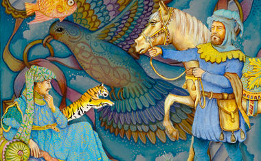 A collage of artwork featuring a fish, a tiger, a horse, and two men, with a bird in the background.