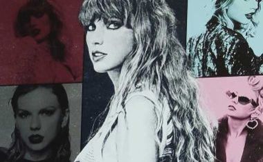 A black and white image of Taylor Swift.