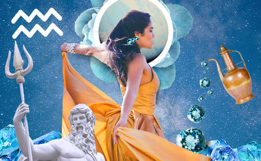 A dark-haired woman in an orange dress dances across a watery background.