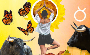 A woman stands in a yoga pose, surrounded by bulls and butterflies, representing Taurus.