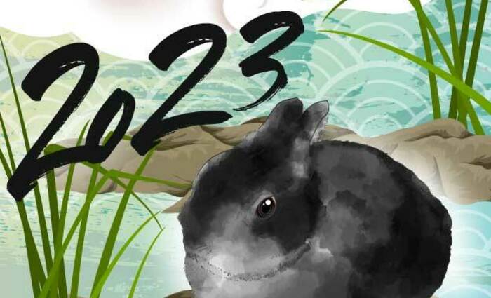 A black rabbit in reeds represents the Chinese horoscope for 2023, year of the black water rabbit.