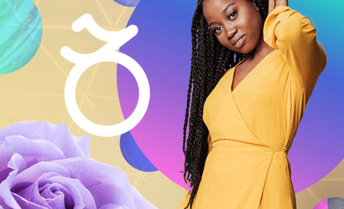 A woman in a yellow dress stands against a cosmic background with the symbol for Capricorn in 2024.
