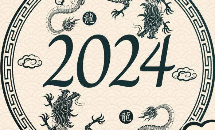 Dragons in a traditional Chinese style are placed around the year 2024 in a circular design.