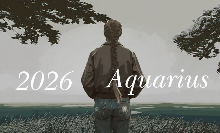 A woman with a long braid looks toward the horizon, representing Aquarius in 2026.