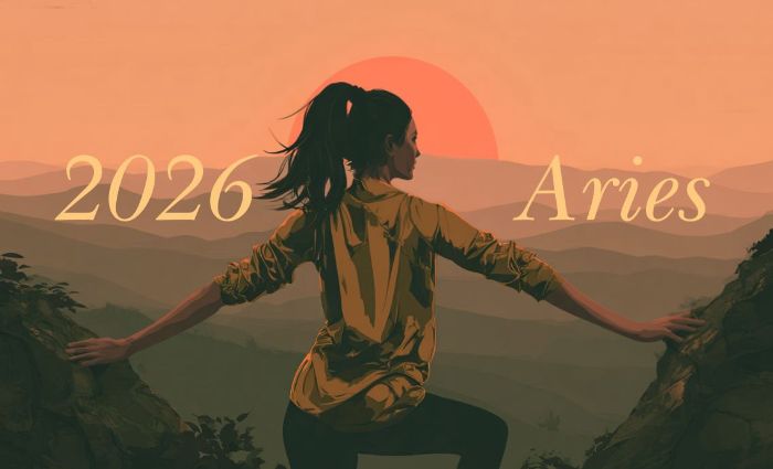 A woman balances between rocks with a red sun in the background, representing Aries in 2026.