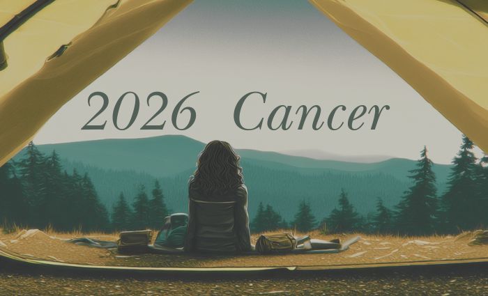 A woman is seen looking at the view through open tent flaps, representing Cancer in 2026.