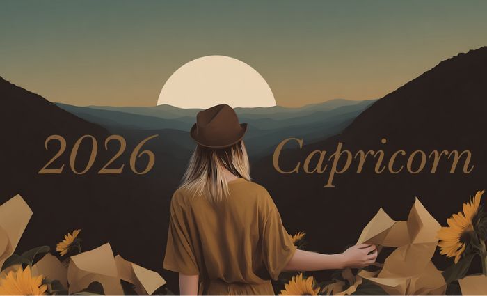 A woman in a hat looks through mountains to a sun on the horizon, representing Capricorn in 2026.