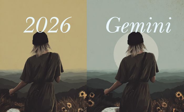 A double-image of a woman looking over a mountainous expanse, representing Gemini in 2026.