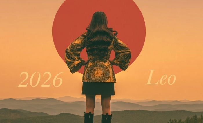 A woman stands silhouetted against an enormous red sun, representing Leo in 2026.