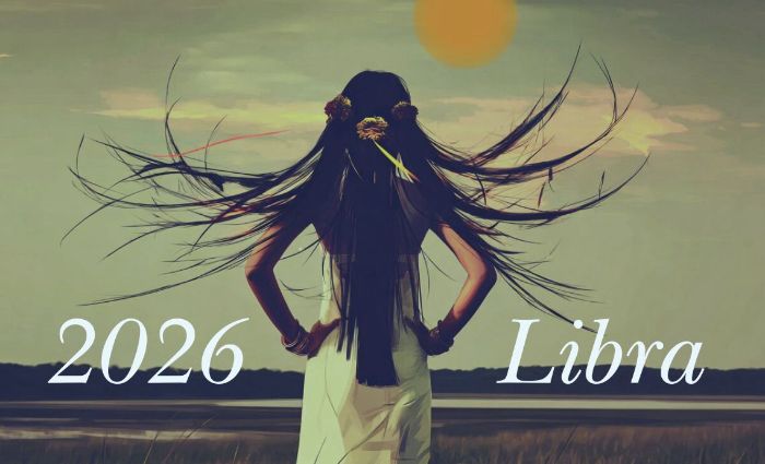 A woman's long hair blows in the wind as she looks toward the horizon, representing Libra in 2026.