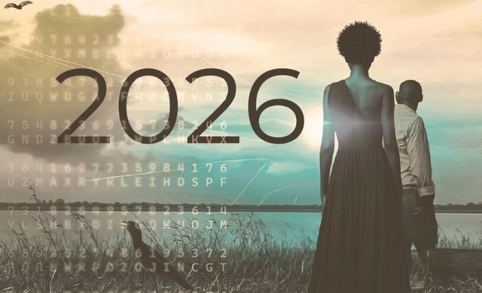 Two people stand on a riverbank and look toward the horizon, representing the numerology of 2026.