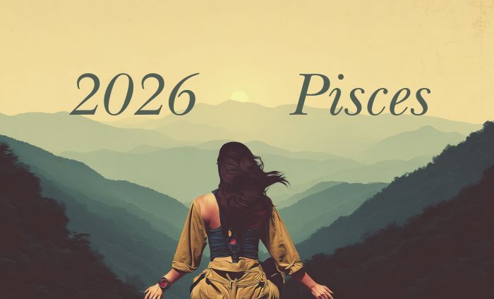 A woman sits on a mountainside and looks at the faraway sun, representing Pisces in 2026.