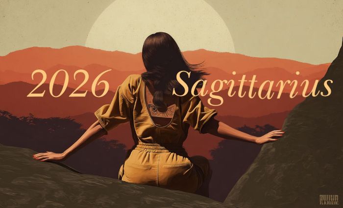 A woman sits on a rocky perch and looks toward the sunny horizon, representing Sagittarius in 2026.