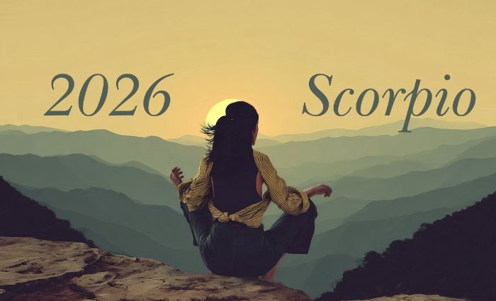 A woman sits on a cliffside and looks at mountains in the distance, representing Scorpio in 2026.