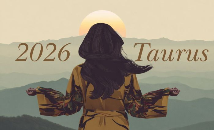A woman holds her hands in a sacred posture, looking to the horizon, representing Taurus in 2026.