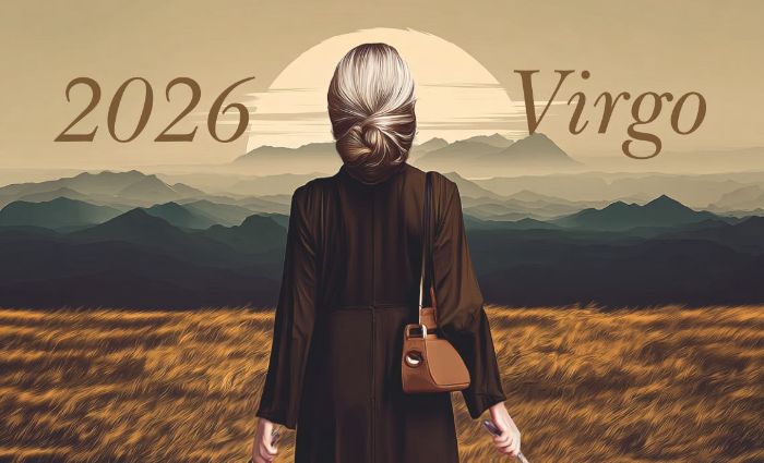A woman looks toward the horizon over a grassy, windblown field, representing Virgo in 2026.