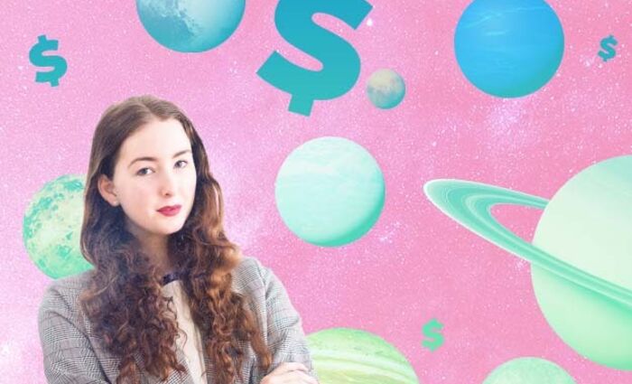 woman with planets and dollar signs floating