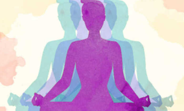 The silhouette of a meditating person is shown in purple, blue, and green.