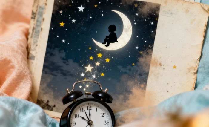An alarm clock is pictured with a page from a storybook, showing stars and a crescent moon.
