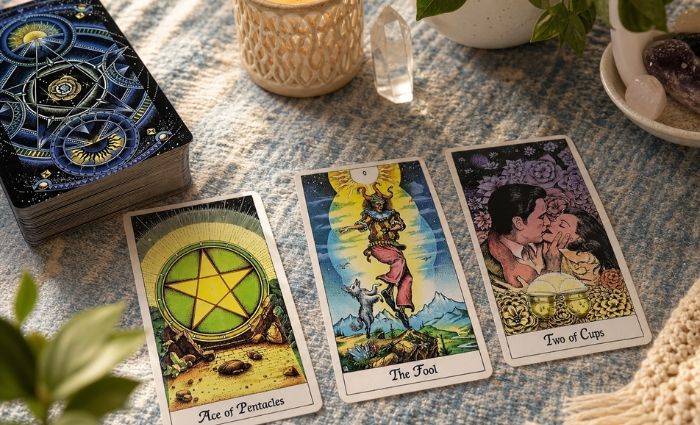 Norbert Lösche's Cosmic Tarot deck showing a three-card spread. The deck features vintage portraits styled after classic Hollywood icons, layered with Astrology glyphs. Known for its heavy line work and deep blue tones creating an 'underwater cosmos' ideal for navigating relationship dynamics and Mercury Retrograde communication friction.