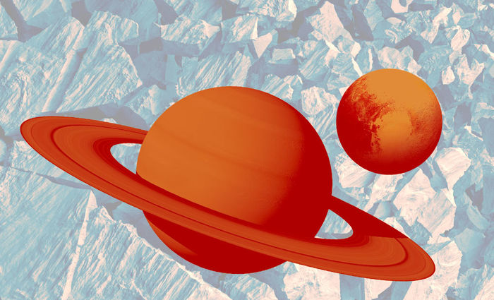 Orange images of Saturn and Pluto hover against a gray abstract background.