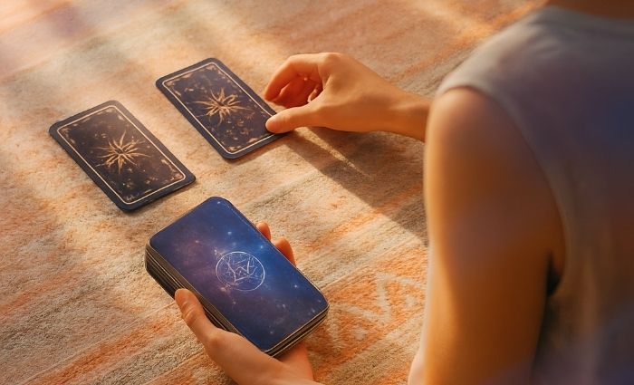 View over a person's shoulder, showing their hand and two Tarot cards on a table.