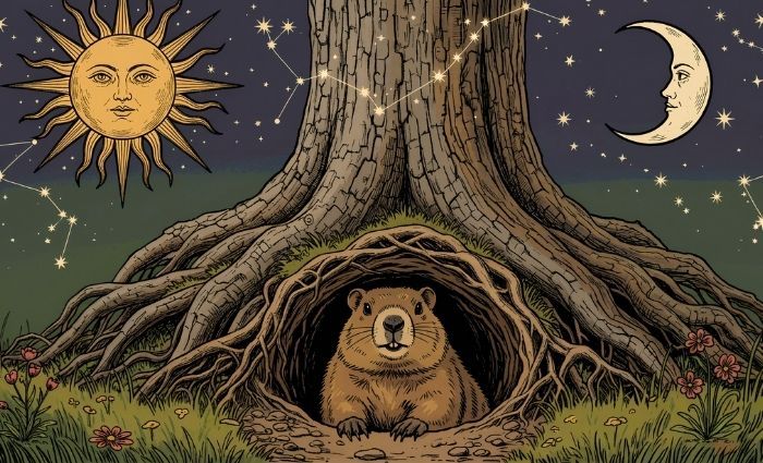 An illustrated groundhog peeks out of a burrow beneath constellations, the sun, and a crescent moon.