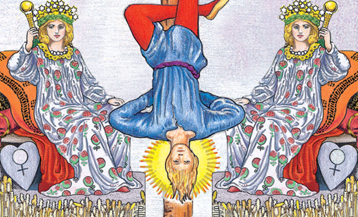 Images from the classic Rider Waite Tarot represent The Empress and Hanged Man birth cards.