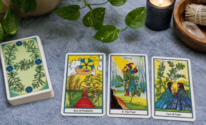 The Herbal Tarot deck by Michael Tierra and Candis Cantin showing a three-card reading. This deck combines traditional Rider-Waite-Smith meanings with medicinal botany and an earthy botanical aesthetic, ideal for physical wellness and emotional grounding during Cancer Season.