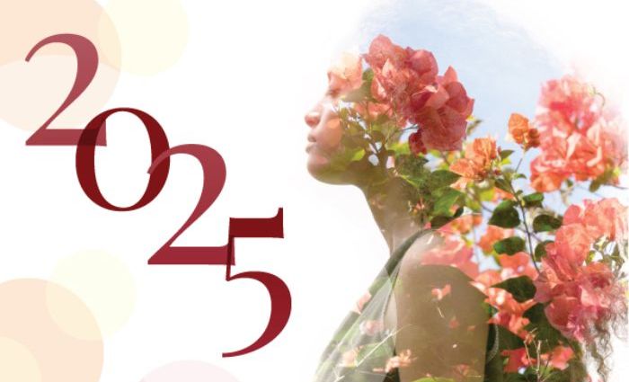 A woman is silhouetted, surrounded by pink flowers, representing the numerology of 2025.