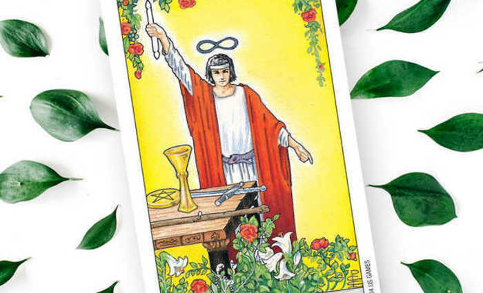 The Magician card, one of the 22 Major Arcana cards in tarot, is surrounded by small green leaves.