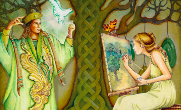 A woman paints a man in a green forest, with a large, embellished tree trunk between them.