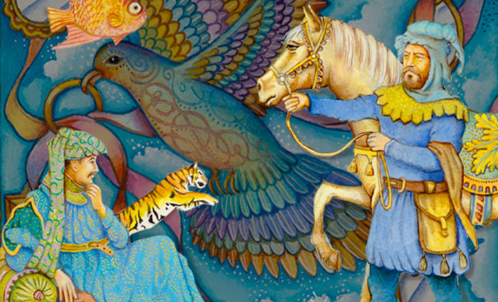 A collage of artwork featuring a fish, a tiger, a horse, and two men, with a bird in the background.